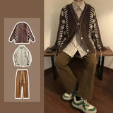 Jinquedai Men Casual Sweater Set Vintage Checkerboard Cardigan+Striped Long Sleeved Shirt+Trendy Wide Leg Pants 3-piece Street Couple Suit jinquedai