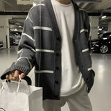 Jinquedai Trendy Cardigan Men's Korean Version British Checkered Striped Sweater Men's V-neck Sweater Jacket jinquedai