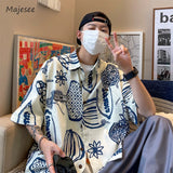 Jinquedai Print Shirts Men Fashion Streetwear Handsome Summer Half Sleeve Turn-down Collar Korean Style Teenagers Popular Youthful Hipster jinquedai