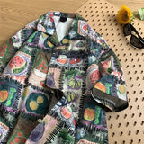 Jinquedai Harajuku Cartoon Colourful Fruit Pattern Short Sleeve Shirt Loose Summer Couple Casual Shirts Men Women Hawaiian Shirt jinquedai