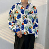 Jinquedai Korean Version Mens Vintage Long Sleeve Dress Shirt Trend Couple Hawaiian Loose Flower Print Blouses Shirt Mens Designer Clothes jinquedai