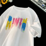Jinquedai Korean Trend Colorful Letter Printed T-Shirt Harajuku Style Short Sleeve Tee Shirt Men Women Tops Plus Size Unisex Tshirts jinquedai