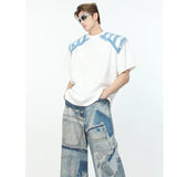 Jinquedai Summer Hip Hop T-shirt Men 2024 New Denim Splicing Casual Fashion Tops Cotton Loose Simplicity American High Street Tees Trend jinquedai