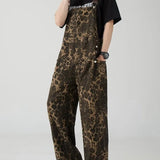 Jinquedai 2024 Spring New Leopard Pattern Sling Pants Men American Retro Street Wide Leg Couple Jumpsuit Big Pocket Buttons Camisole Pants jinquedai