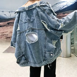 Jinquedai Fashion Blue Ripped Denim Jacket Y2K Distressed Streetwear Hip Hop Broken Hole Jeans Biker Jackets Men's Spring Jackets jinquedai