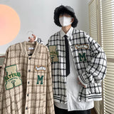 Jinquedai Autumn Plaid Woolen Jacket Letter Embroidered Loose  Baseball Uniform Jacket Hip Hop Single Breasted Coat Fashion Unisex Clothes jinquedai