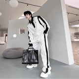 Elegant Black White Color Contrast Sports Shirt Set Long Sleeved Polo Shirt Sweatpants Two Piece Set Casual Handsome Tracksuit jinquedai