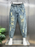 Jinquedai Men's Jeans with Holes Blue Trousers Torn Broken Ripped Harem Man Cowboy Pants Designer Xs Spring Autumn Casual Denim Grunge Y2k jinquedai