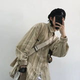 Jinquedai College Retro Men  Two-piece Japanese Casual Set Loose Striped Shirt+large Pocket Drawstring Wide Leg Pants New Unisex Suit jinquedai