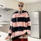 Jinquedai Japanese Striped Men Sweater Loose Color Block Wearing Rope Mink Velvet Round Neck Knit Tops Hip Hop Trendy Men Pullover Autumn jinquedai