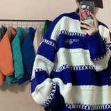 Jinquedai  Patchwork Striped Men's Knitted Sweater Blue Pullovers Punk Black Sweaters Male Oversize Korean  Hip Hop jinquedai