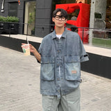 Jinquedai American Retro Men Denim Shirt Washed Multi Pockets Hip Hop Short Sleeved Cowboy Tooling Jackets High Street Trend Tops Summer jinquedai