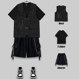 Techwear Men's Shorts Set Tank Top Men Cargo Punk Rave Vest Male Shirt Streetwear Hip Hop Hippie Men Clothing Pockets jinquedai