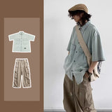 Jinquedai Japanese Trendy Set Men Retro Simplicity Light Blue Denim Shirt+Multi Pocket Wide Leg Cargo Pants 2-pcs Street Harajuku Suit jinquedai