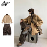 Jinquedai Cargo Vintage Sets Men Women Embroidered Stand-up Collar Casual Jackets+Autumn Wide-leg Straight-leg Loose Pants Two-piece Suit