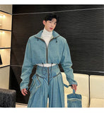 Washed Old Silhouette Denim Two Pieces Set Solid Color Men Short Zipper Jacket Straight Wide Leg Pants Korean Tide jinquedai