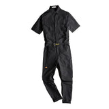 Jinquedai Korean version of Harajuku Summer Casual Short Sleeve Overalls Jumpsuit With Belt Men's  One-piece Single Breasted Trousers jinquedai