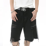 Jinquedai Side Striped Ripped Denim Shorts Fashion Distressed Tassel Black Jeans Shorts Men Summer Streetwear Harajuku Hip Hop Y2K Shorts jinquedai