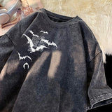 Jinquedai Bat Pattern T-shirt Gothic Washed T-Shirts Vintage Tee Couple Tops Loose Fit Short Sleeve Casual T-shirts Men Women Clothing jinquedai