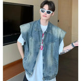 Jinquedai American Sleeveless Denim Jacket Men Hip Hop Trend Washed Loose Cowboy Vest Y2K Gradient Zipper Lapel Street Punk Couples Tops jinquedai