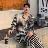 Jinquedai spring summer fashion trend stripe contrast color satin shoulder pad shirt men's suit straight wide leg pants two-piece set jinquedai