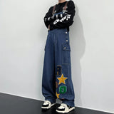 Jinquedai Y2K Retro Street Men Denim Overalls American Hip-hop Letter Embroidered Cowboy Jumpsuit Loose Wide Leg Suspender Pants Unisex jinquedai