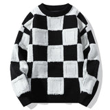 Hip Hop Plaid Knitted Sweaters Mens Harajuku Patchwork Thicken Jumpers Streetwear Oversized Casual Loose O-Neck Pullover Unisex jinquedai