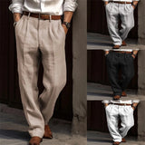 Jinquedai Mens Linen Pleated Pants Front Pockets Straight Cotton Blend Long Trousers Spring Summer Holiday Fashion Loose Pant Oversized jinquedai