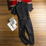 Jinquedai Korean version of Harajuku Summer Casual Short Sleeve Overalls Jumpsuit With Belt Men's  One-piece Single Breasted Trousers jinquedai