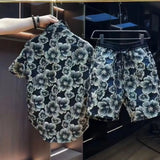 Jinquedai Ethnic Style Scalding Gold Flower Shirts And Shorts Two Piece Set Mens Fashion Short Sleeved Suits Summer Casual Loose Outfits jinquedai