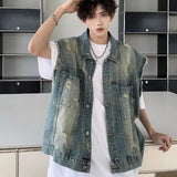 Jinquedai Y2K Harajuku Denim Vest Jacket Men Summer American Street Motorcycle Punk Sleeveless Coats Distressed Washed Cowboy Tops New jinquedai