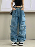 Multi-Pocket Blue Washed Cargo Pants Y2k Retro High Street Fashion High Waist Jeans Couple Harajuku Simple Casual Wide Leg Pants jinquedai