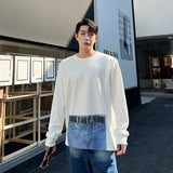 Jinquedai Korean Street fashion Spring Casual Men Personality Jeans Print Long Sleeve T-shirts Sweatshirt Patchwork Loose Sweatshirts jinquedai