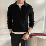 Jinquedai Men's Clothing Luxury Knit Pullover Zipper Polo Neck Sweater Leisure Streetwear Popular Retro Solid Color Long Sleeve Knitwear jinquedai