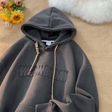 Jinquedai  Embossed Letters Casual Hooded Sweatshirt Basic Colours Drawstring Clash Hoodie Loose Comfortable Men Women Hoodies jinquedai