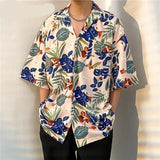 Jinquedai Men's Versatile Ruffian Blouse Shirt Leaves Print Hip Hop Hawaiian Summer Short Sleeve Rockabilly Tropical Holiday Beach Shirts jinquedai