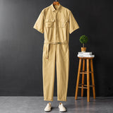 Jinquedai Korean version of Harajuku Summer Casual Short Sleeve Overalls Jumpsuit With Belt Men's  One-piece Single Breasted Trousers jinquedai