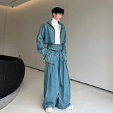 Washed Old Silhouette Denim Two Pieces Set Solid Color Men Short Zipper Jacket Straight Wide Leg Pants Korean Tide jinquedai