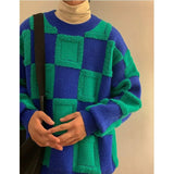 Winter Korean Fashion Mens Pullovers Checkerboard Plaid Sweater Thick Warm Cashmere Sweater Men Luxury Patchwork Pull Homme jinquedai