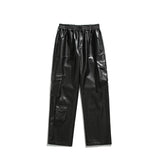 Jinquedai Black Leather Pants Men Oversized Retro Pocket Cargo Pants Men Streetwear Hip-hop Loose Wide Leg Pants Men Motorcycle Trousers jinquedai