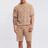 Jinquedai Leisure Men's Knit Clothing Solid Hollow Out Casual Two Piece Suits 2023 Spring Summer Men Fashion O Neck T Shirt And Short Sets jinquedai