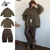 Jinquedai Retro Harajuku Set Men High Street Spring Autumn Bomber Jacket Loose Casual Long-sleeved Shirt Wide-leg Cargo Pants Three-piece jinquedai