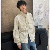 Jinquedai Korean Casual Striped Men Shirt College Fashion Loose Long Sleeved Tops Cotton Removable Sleeves Drawstring Shirt Jacket Male jinquedai