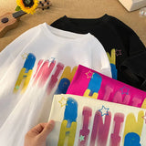 Jinquedai Korean Trend Colorful Letter Printed T-Shirt Harajuku Style Short Sleeve Tee Shirt Men Women Tops Plus Size Unisex Tshirts jinquedai