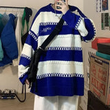 Jinquedai  Patchwork Striped Men's Knitted Sweater Blue Pullovers Punk Black Sweaters Male Oversize Korean  Hip Hop jinquedai