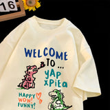 Jinquedai Cartoon Dinosaur Pattern T-shirt y2k Tops 2024 Summer Round Neck Printed Short Sleeve Harajuku Couple T-shirt Casual Homewear jinquedai