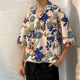 Jinquedai Men's Versatile Ruffian Blouse Shirt Leaves Print Hip Hop Hawaiian Summer Short Sleeve Rockabilly Tropical Holiday Beach Shirts jinquedai