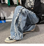 Jinquedai Burrs Jeans Men's Fashion Hiphop High Street Straight Pants Harajuku Loose Casual Streetwear Elastic Waist Denim Trousers jinquedai