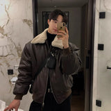 Jinquedai Winter Jacket Men Warm Fashion Casual Thickened Leather Jacket Men Streetwear Korean Loose Short Coat Men Thick Leather Coat jinquedai