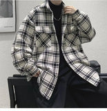 Plaid Long-sleeved Shirt Men's Single-breasted Spring Autumn Loose Warm Thick Woolen Coat Pocket Buttons Turndown Collar Shirts jinquedai